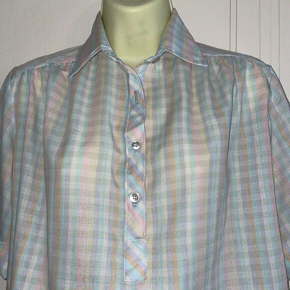 Vtg 70s Miss Personality pastel checked smock blouse - Picture 2 of 7